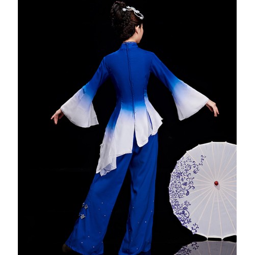 Women's traditional china folk dance dresses royal blue gradient colored yangko umbrella fan chinese folk dance costumes 